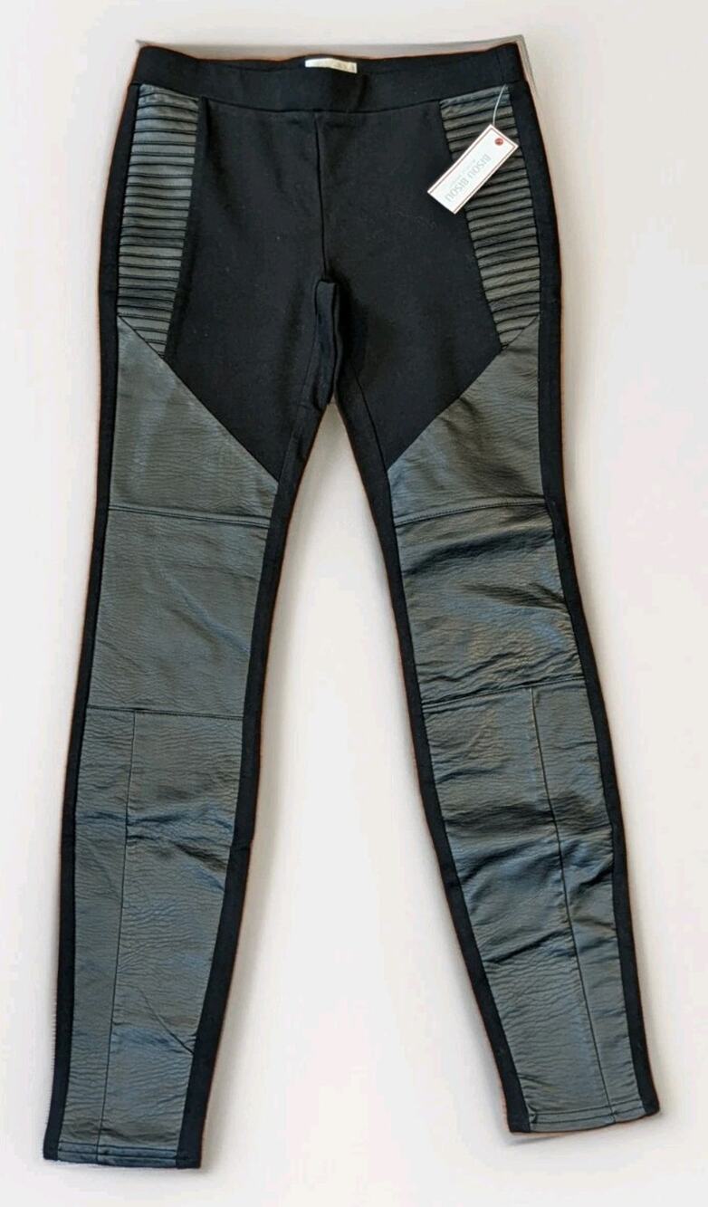 Bisou Bisou Moto Leggings Womens XS Black Faux Leather Panel Skinny Stretch